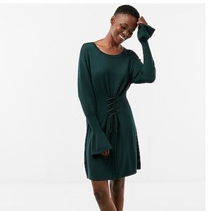 Express Dark Green Long Sleeve Lace-Up Waist Dress